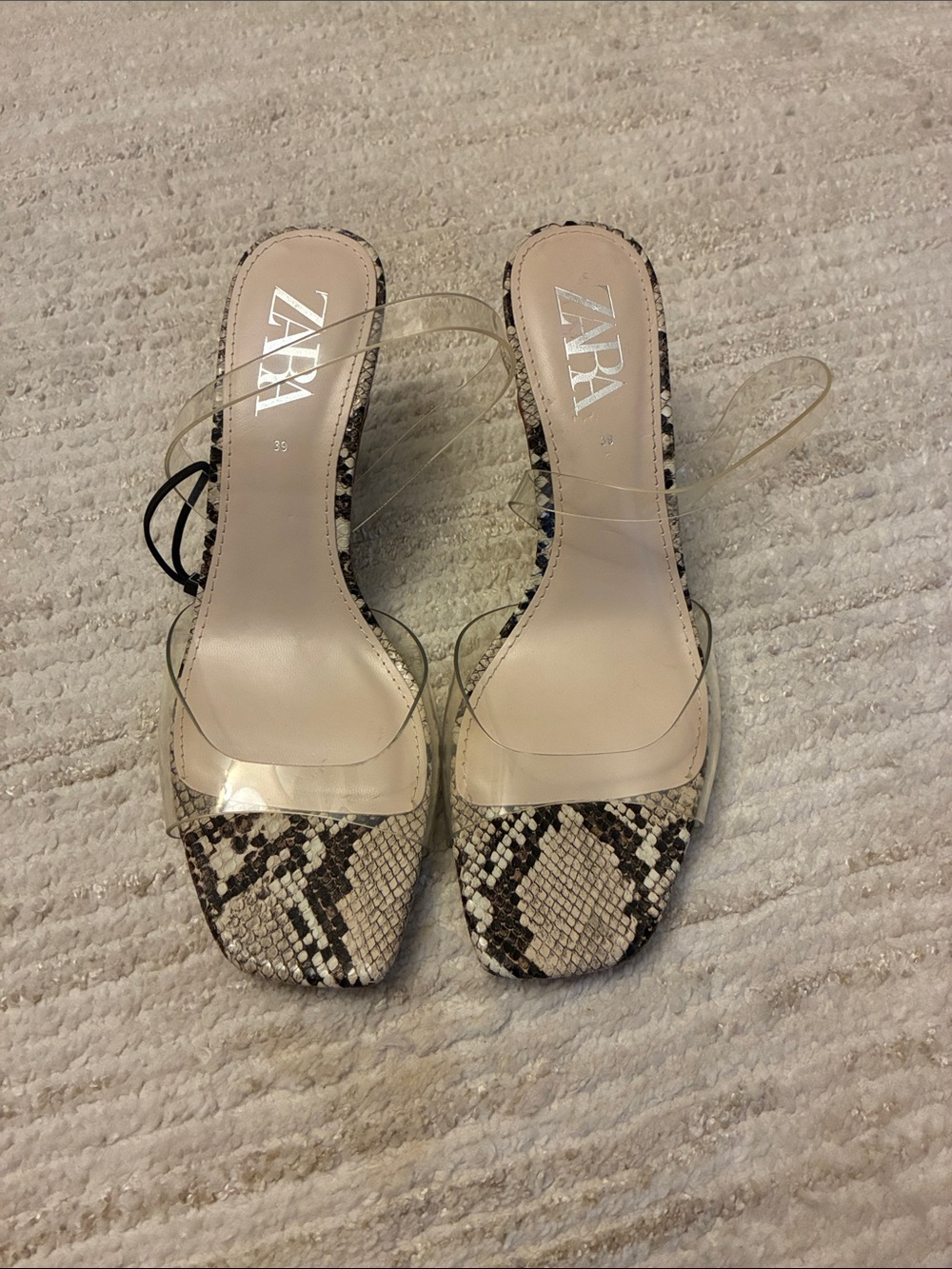 Zara Snake-Print Slide Heels with Clear Straps